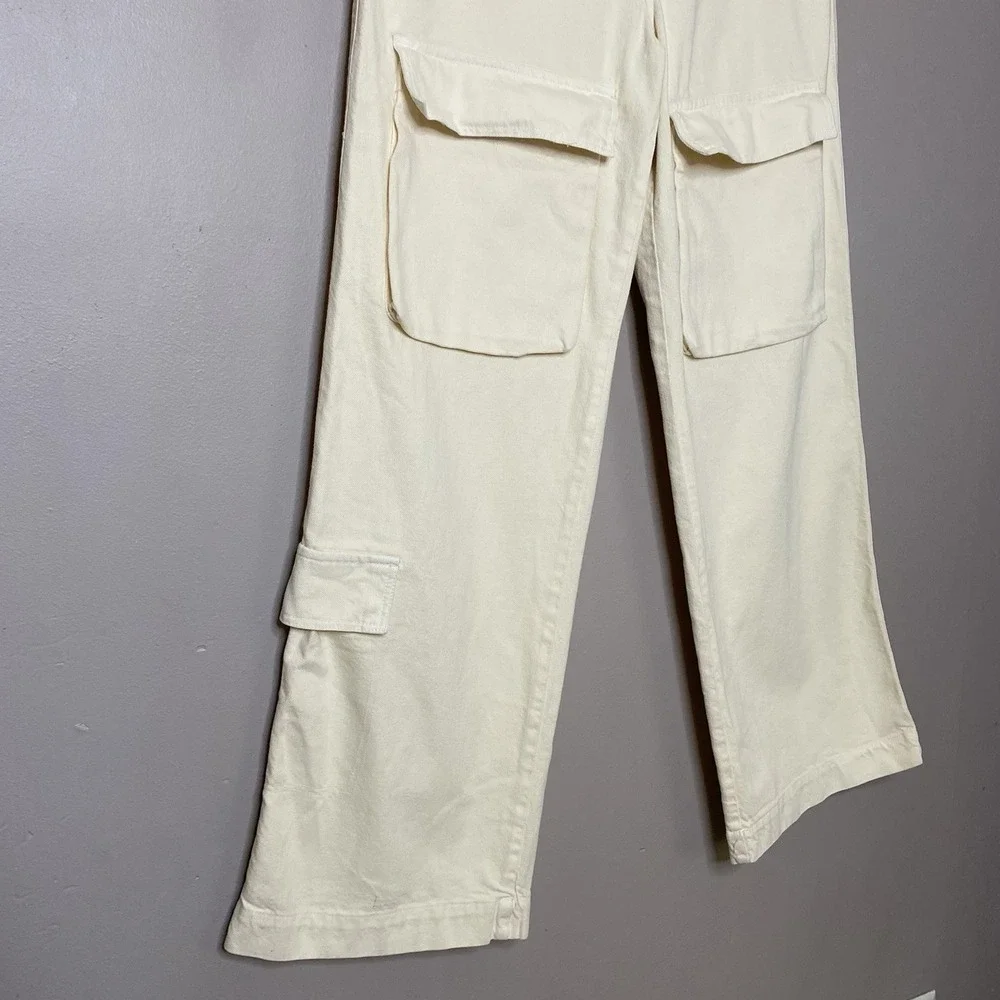 ZARA Women Jeans Sz S High Waisted Baggy Loose Fit Wide Leg Cargo Pants Beige - Picture 4 of 11